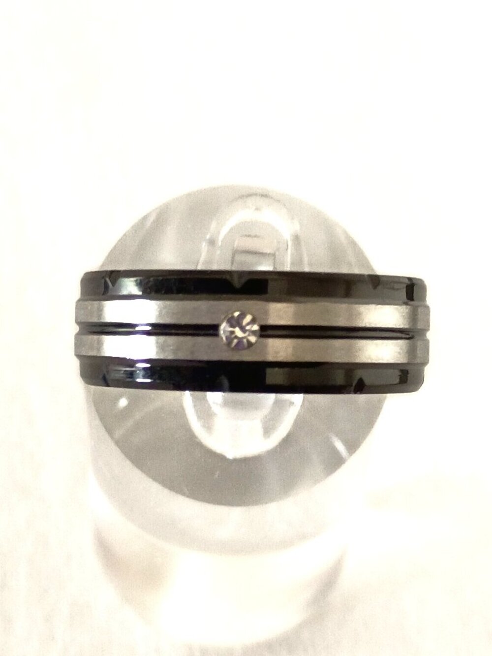 Size 13 Black & Silver Stainless Steel Wedding Band w/Gemstone Accent